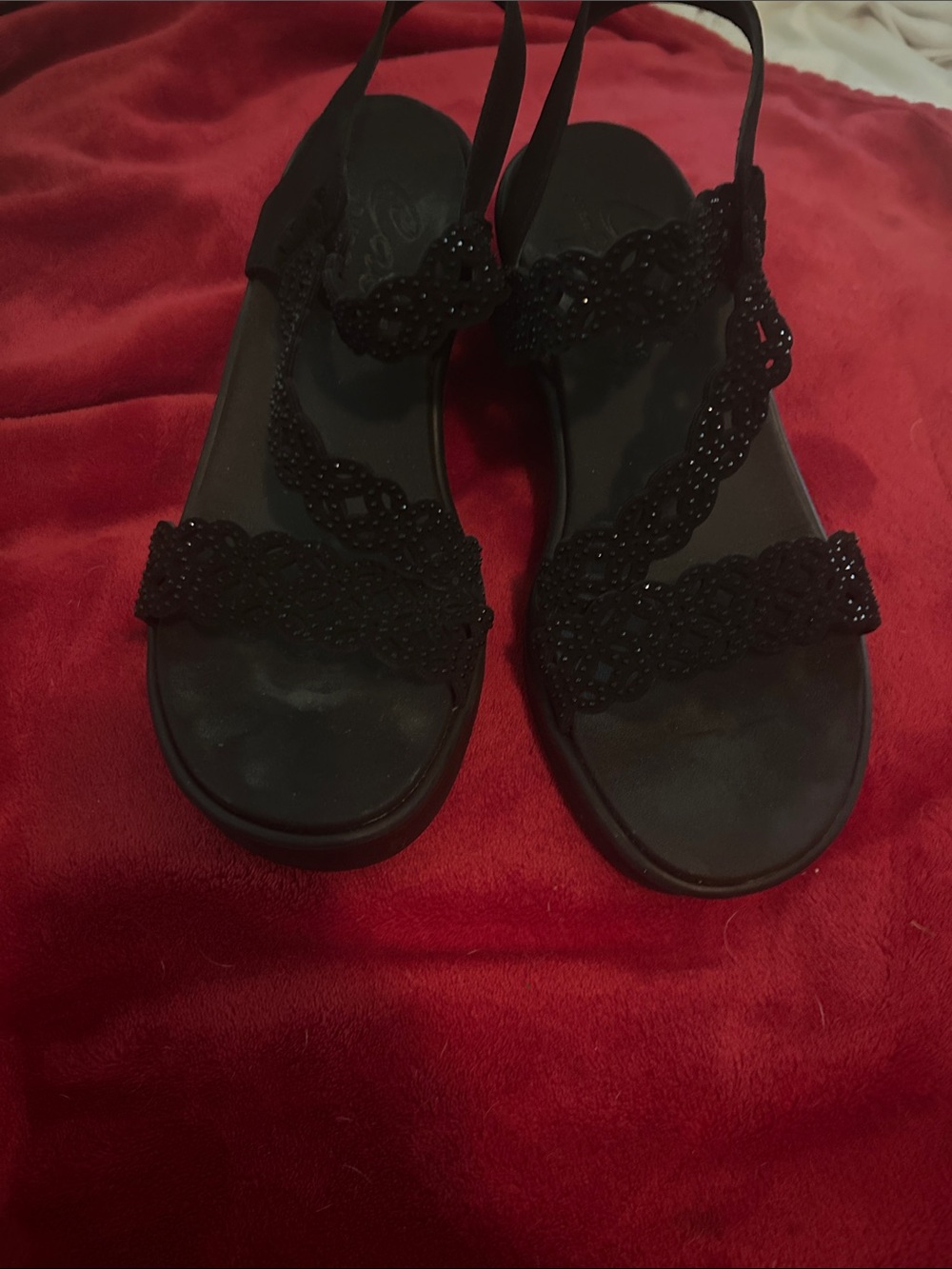 Women's Black Lace-Trim Wedge Sandals